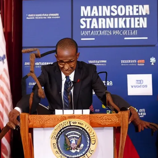 Image similar to press conference with string marionette of a president in a podium