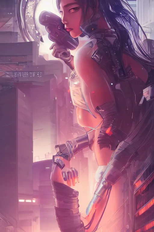 Image similar to portrait futuristic Ninja Girl, in future cyberpunk tokyo rooftop , ssci-fi, fantasy, intricate, very very beautiful, elegant, neon light, highly detailed, digital painting, artstation, concept art, smooth, sharp focus, illustration, art by WLOP and tian zi and alphonse mucha