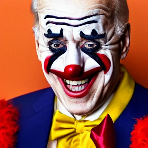 Image similar to UHD candid photo of Joe Biden dressed as a clown, wearing accurate clown makeup, accurate face, UHD, photorealistic, correct face, photo by Annie Leibowitz