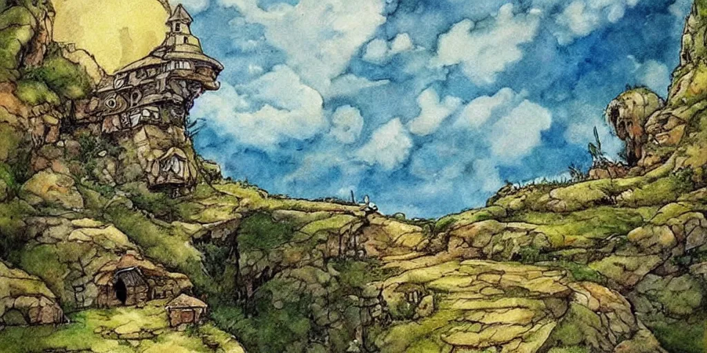 Prompt: Beautiful artwork chilling house in the edge of a cliff detailed painting vegetation trees nature a spaceship can be seen in the sky High Quality by Anton Pieck