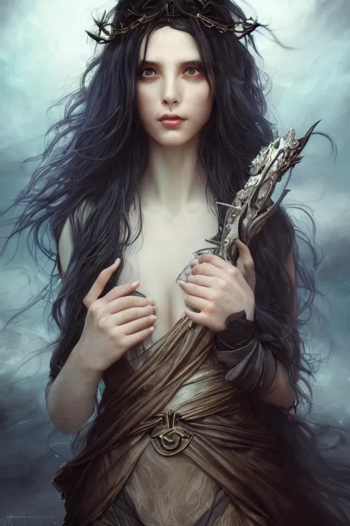 Image similar to seductive looking sorceress prays!!! magic the gathering, windy hair!, surreal dark fantasy, cinematic volumetric lights, portrait, dnd, intricate, elegant, highly detailed, digital painting, artstation, concept art, smooth, sharp focus, illustration, art by artgerm and tom bagshaw and greg rutkowski and alphonse mucha