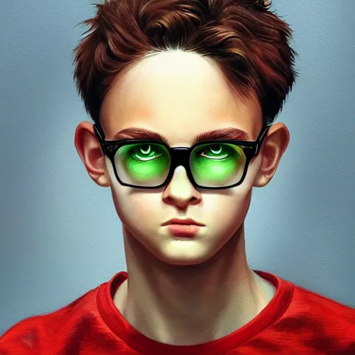 Prompt: 1 7 - year - old boy thin face, black hair, green eyes, round glasses potter, scar on forehead as a bolt of lightning, hyper realistic face, beautiful eyes, highly detailed, digital painting, smooth, sharp, beautiful face, expressive eyes, long fluffy curly blond hair, art by greg rutkowski and alex gray