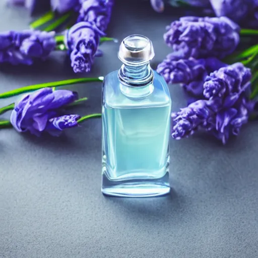 Image similar to cool blue perfume bottle surrounded by a plethora of sparse cool blue and lavendar flowers and green stems, bright white realistic, up close shot, white background, zen, light, modern minimalist f 2 0 clean