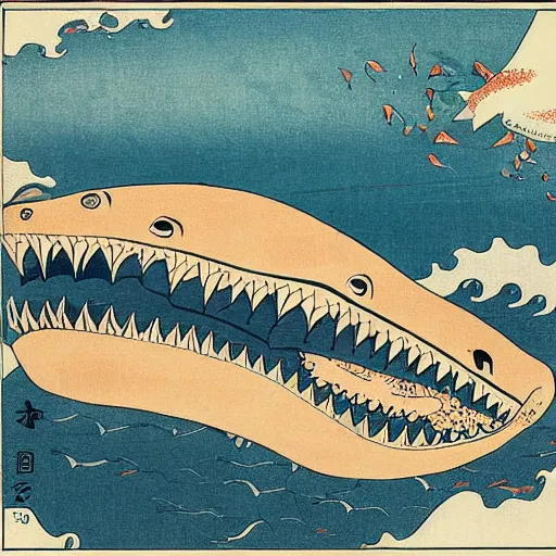 Image similar to shark attack by hokusai