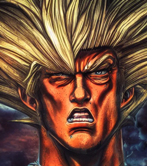 Prompt: award winning 5 5 mm close up portrait color photo of super saiyan trump, in a park by luis royo. anime horror style. soft light. sony a 7 r iv