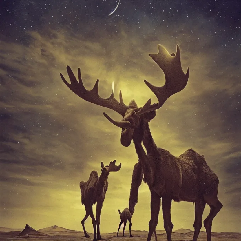 Prompt: an otherworldly camel moose, walking in an extraterrestrial desert. pulp sci - fi art. dark background