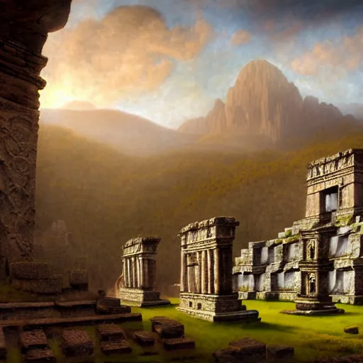 Image similar to a beautiful and highly detailed matte painting of aztec ruins in the mountains, thick mist, sunlight, celtic, psychedelic, epic scale, insanely complex, hyperdetailed, sharp focus, hyperrealism, artstation, cgsociety, 8 k, bright colors, by caspar friedrich, albert bierstadt, james gurney, brian froud,