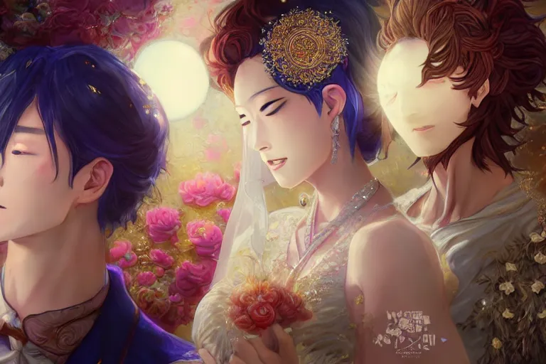 Image similar to a dreamlike portrait of wedding photograph close up moment of a divine a taiwan sun god and moon goddess lovers magician at a wedding banquet. portraiture. digital painting. artstation. concept art. fantasy wedding photo. digital painting, 8 k realistic, hyper detailed, by makoto shinkai and akihiko yoshida and hidari and wlop