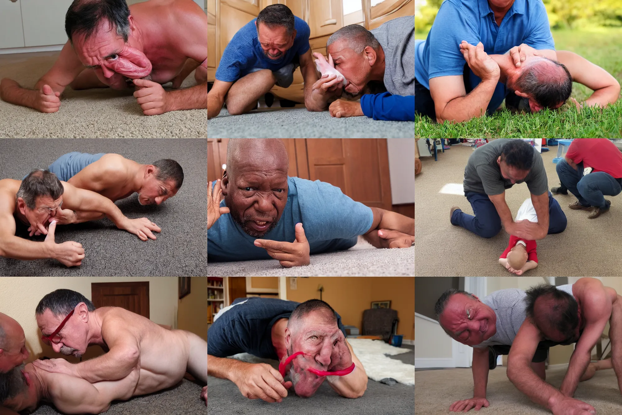 Prompt: uncle crawling on his knees with a big nose