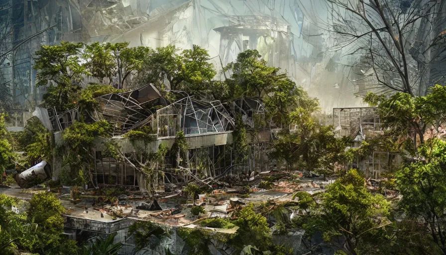 Image similar to destroyed collapsed national geographic museum covered by vegetation, debris, sunny day, hyperdetailed, artstation, cgsociety, 8 k