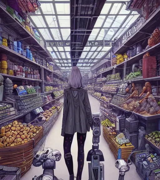 Prompt: a robot with a digitized female face for a head, walking through a market Industrial Scifi, detailed illustration, character portrait, by Martin Grip and Moebius
