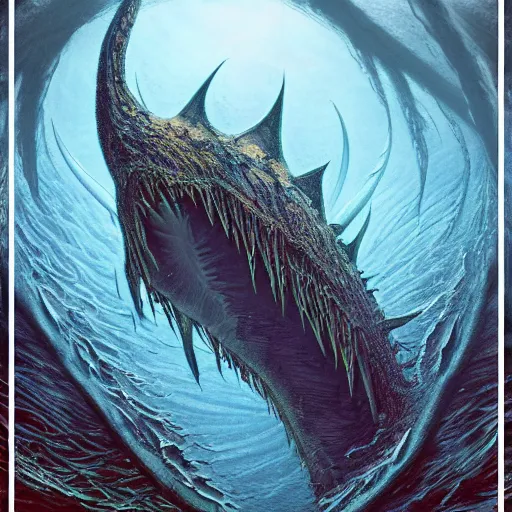 Image similar to photorealistic aquatic monster in the style of michael whelan and gustave dore. hyperdetailed photorealism, 1 0 8 megapixels, amazing depth, glowing rich colors, powerful imagery, psychedelic overtones, 3 d finalrender, 3 d shading, cinematic lighting, artstation concept art