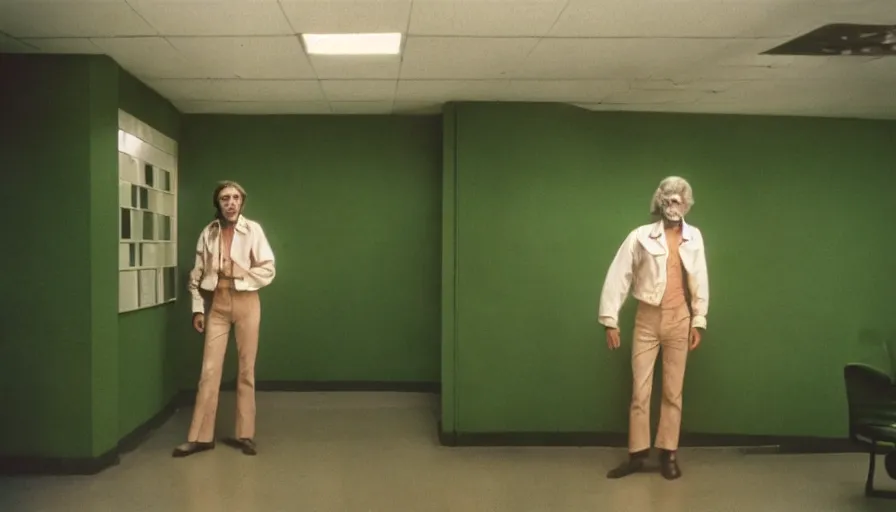 Prompt: 70s movie still of a ill skinny old man with meat clothes in a green wall hospital, eastmancolor, heavy grain, high quality, higly detailed, liminal space