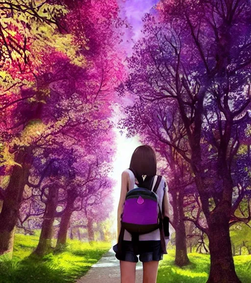 Prompt: a girl wearing a purple backpack standing in a path on her tiptoes looking up and around. Trees, shady, bob hairstyle. Vibrant colors. By Makoto Shinkai, Stanley Artgerm Lau, WLOP, Rossdraws, James Jean, Andrei Riabovitchev, Marc Simonetti, krenz cushart, Sakimichan, trending on ArtStation, digital art.