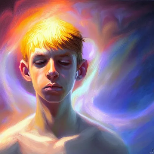 Prompt: visionary art by mandy jurgens, powerful eyes glowing highly detailed painting of deep sadness alone, young blonde boy spiritual portrait, fractal electricity surrounding him, expressive emotional sadness piece, trending on art station, abstract emotional sadness expression, very very very beautiful, fantasy digital art, visionary art, magical fantasy 2 d concept art