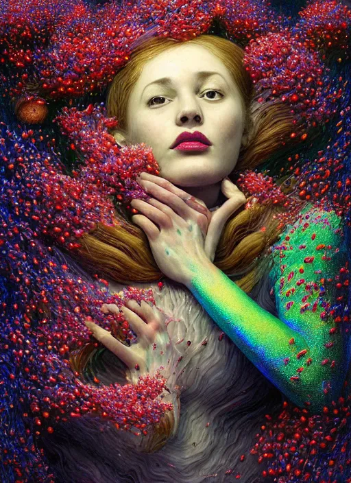 Image similar to hyper detailed 3d render like a Oil painting - Aurora (Singer) Eats of the Strangling Fruit of penance and Her Hands full of gossamer polyp blossoms bring iridescent fungal flowers whose spores black the foolish stars by Jacek Yerka, Mariusz Lewandowski, Houdini algorithmic generative render, Abstract brush strokes, Masterpiece, Edward Hopper and James Gilleard, Zdzislaw Beksinski, Mark Ryden, Wolfgang Lettl, hints of Yayoi Kasuma, octane render, 8k