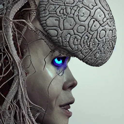 Prompt: a photorealistic portrait of a third eye hyphae shaman with bone virtual reality headset brain - to - brain sensing interface mask made of fungal mycelial mats, with a feathered snake in the mouth, inside embossed tentacular waterly biocouture mechanoid exoskeleton suit