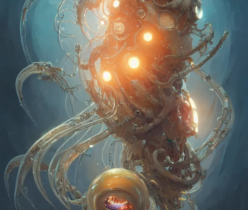 Image similar to Cyborg biomechanical jellyfish, sci-fi, highly detailed, digital painting, artstation, concept art, smooth, sharp focus, illustration, art by artgerm and greg rutkowski and alphonse mucha