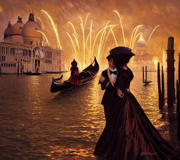 Image similar to photography of a 1 8 th couple in venice with fireworks, deep focus, intricate, elegant, highly detailed, digital painting, artstation, concept art, matte, sharp focus, illustration, art by artgerm and greg rutkowski and alphonse mucha and gil elvgren