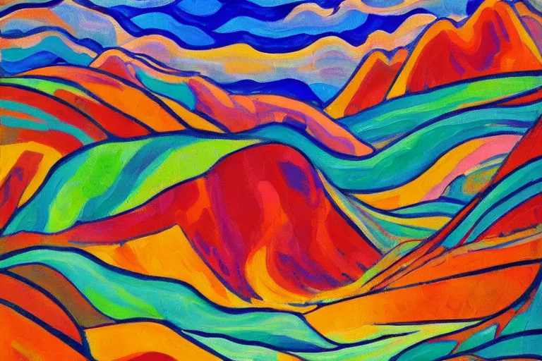 Image similar to Landscape painting. Wild energy patterns rippling in all directions. Curves, zig-zags. Organic. Mountains. Clouds. Vegetation. Rushing water. Waves. LSD. Fauvism.