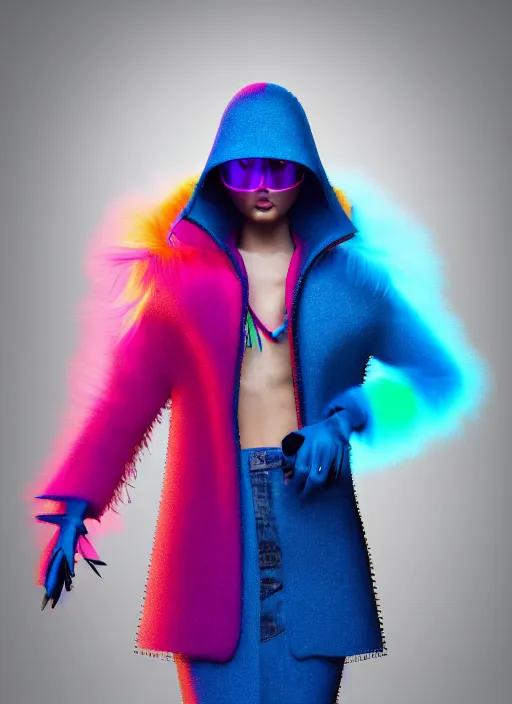 Image similar to coat for a rave, bright colors, many details, prints, photo for a magazine, photo for a store, fashion photography, Vogue, 135 mm, cinematic, hyper realism, high detail, octane render, 8k, chrome accents, very coherent symmetrical artwork, perfect face model