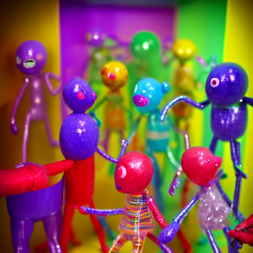 Image similar to photo of rainbow cellophane tape creatures inside a bathroom, hdr, high - quality, highly detailed, 1 6 k