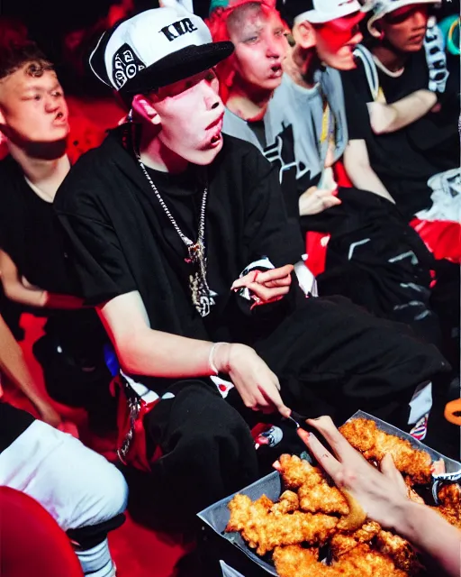 Prompt: “ extremely detailed photo of bladee eating kfc on stage at the drain gang concert ”