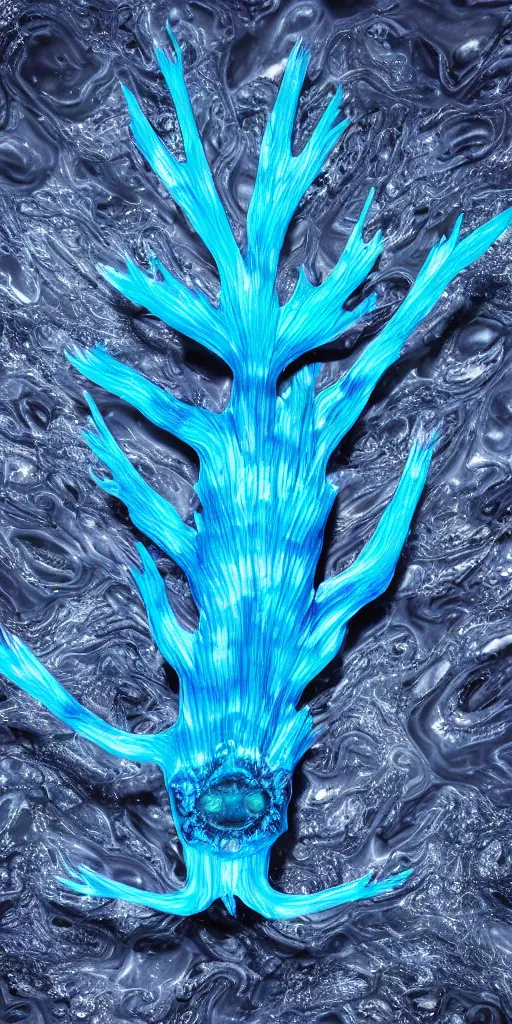 Prompt: a photorealistic render of a glaucus atlanticus, made of liquid marble, c 4 d, by ernst haeckel, hyper realistic, plain background, 8 k, volumetric lightning, octane render