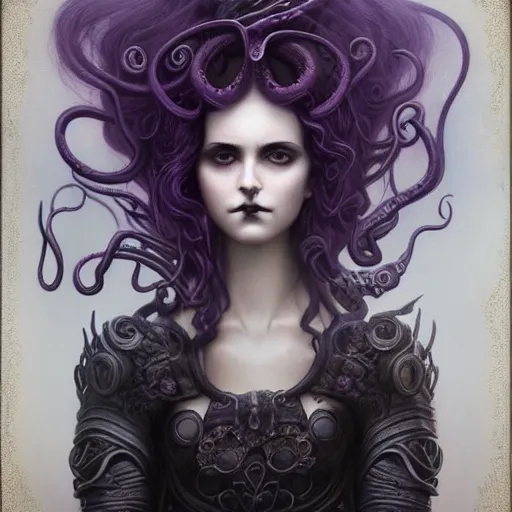 Image similar to by tom bagshaw, photorealistic body shot of a curiosities and absurdities, full gothic long dress armor made of infinite tentacles, curvy, purple black lustrous thin haircut, symmetry accurate features, focus, very intricate ultrafine details, award winning masterpiece, ultra deep fog