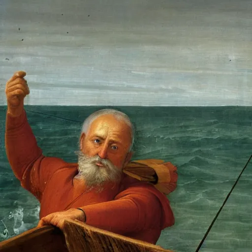 Image similar to a renaissance oli painting of an old man in a skiff at sea. The old man is the center of the painting, and the focus of the composition. He is shown in profile, with his back to the viewer. He is leaning back, using all his strength to reel in the marlin. His face is sweaty and strained, and his arms are shaking. The marlin is huge, and its body is thrashing around in the water. The boat is small and insignificant compared to the marlin, and it is being pulled towards the fish. The painting is rendered in a realistic style, with accurate details and lifelike colors. The brushwork is loose and expressive, conveying the movement and energy of the scene. The overall effect is one of drama and suspense. The water in the painting is a deep blue color. It is choppy and turbulent, reflecting the struggle of the old man and the marlin.