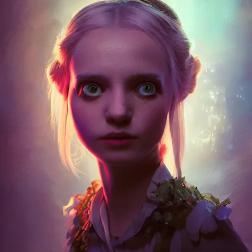 Prompt: A portrait of Alice in Wonderland, huggy wuggy from poppy playtime video game, fullbody, ultra high detailed, glowing lights, oil painting, Greg Rutkowski, Charlie Bowater, Beeple, unreal 5, DAZ, hyperrealistic, octane render, RPG portrait, dynamic lighting, fantasy art, beautiful face