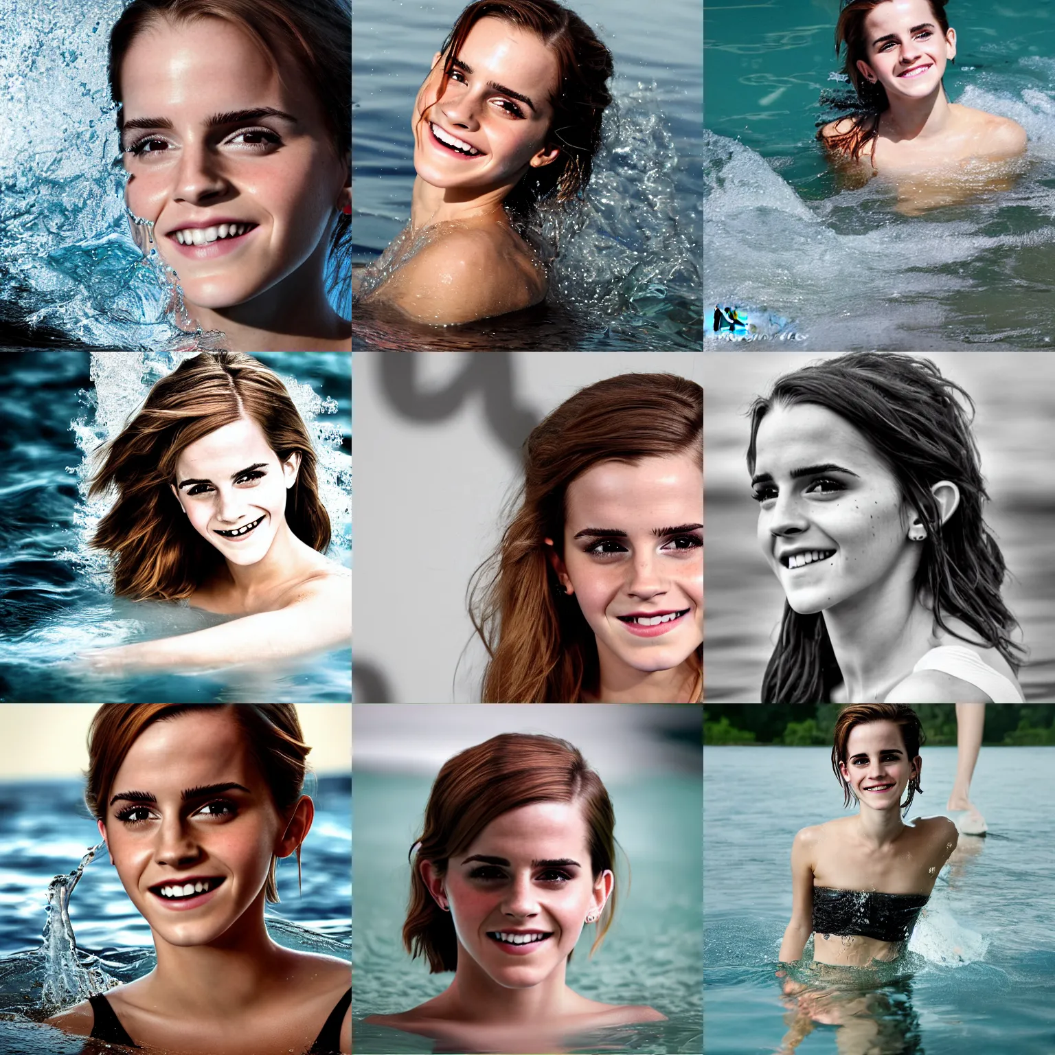 Prompt: photograph, high resolution, of emma watson smiling, beautiful face coming out of the water taken by oxana gromova, fess