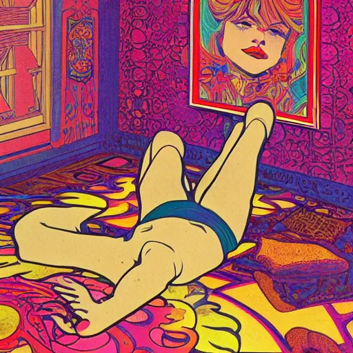 Prompt: rocker goth teen girl laying on the floor, writing on a journal. 1970s colorful psychedelic bedroom. Trippy. Moscoso. Mucha.