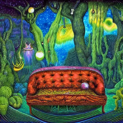 Image similar to psychedelic couch sofa in the lush forest, milky way, designed by moebius, rob gonsalves, gustav dore, giuseppe arcimboldo and carl barks, louis wain, trending on artstation, canada, star, sharp focus, colorful refracted sparkles and lines, soft light, 8 k 4 k