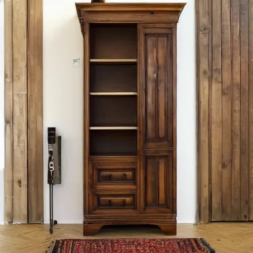 Prompt: two large armoire with slightly crooked doors in a room with an xbox