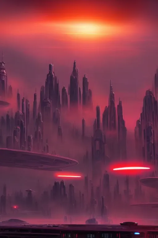 Image similar to sifi - ci city sunset, planets in the sky by dylan cole, matte painting with high detail, ground level, sci - fi star wars megacity with dramatic lighting and dramatic sky, 4 k, cinematic cinematography.