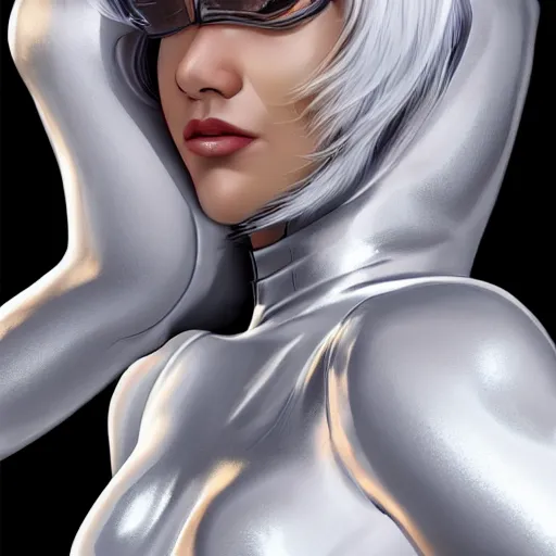 Image similar to beautiful white haired woman dressed in see through space suit in the style of zezhou chen artstation highly detailed, smooth, sharp focus