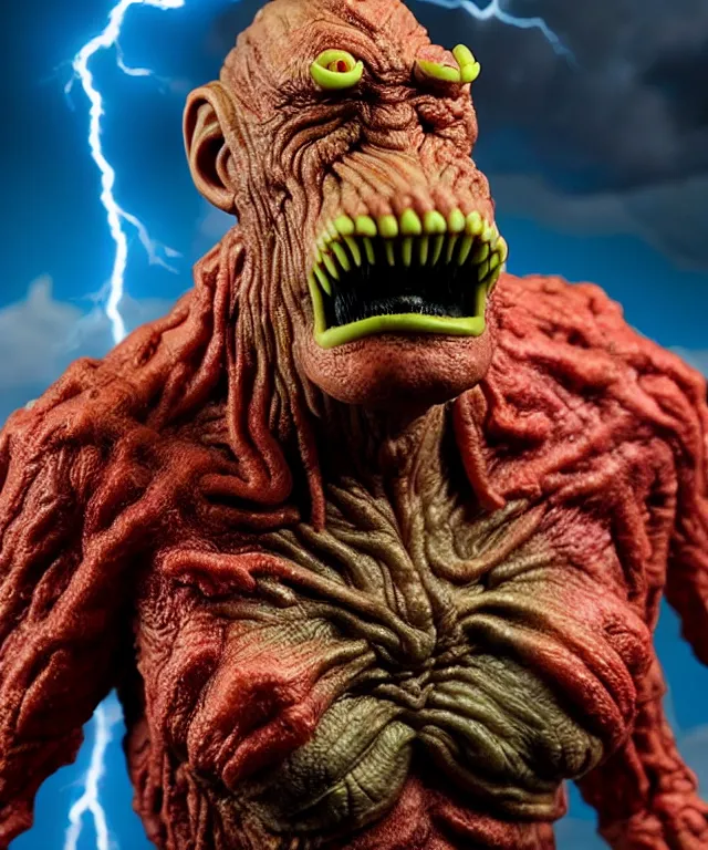 Prompt: hyperrealistic rendering, epic boss battle, cronenberg flesh monster ted cruz, by art of skinner and richard corben, product photography, collectible action figure, sofubi, hottoys, storm clouds, outside, lightning