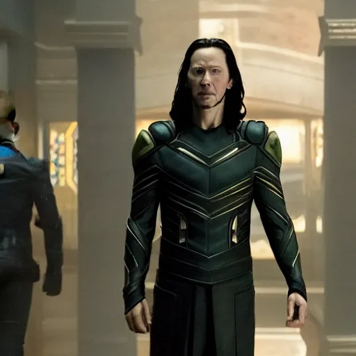 Image similar to film still of Keanu Reeves as Loki in Avengers Endgame, standing with scepter