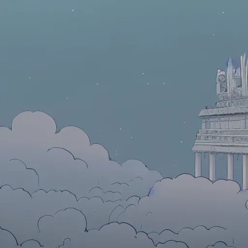 Image similar to a floating Olympian temple in the sky in the style of Miyazaki, highly detailed, 4k, artstation