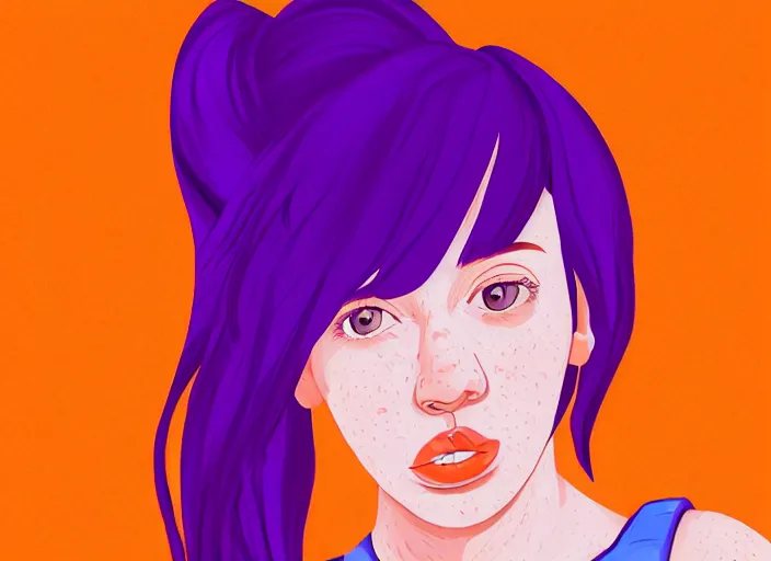 Image similar to portrait Girl with orange hair and freckles, purple background, cute-fine-face, pretty face, simple line, fine details. realistic shaded lighting by disney style,