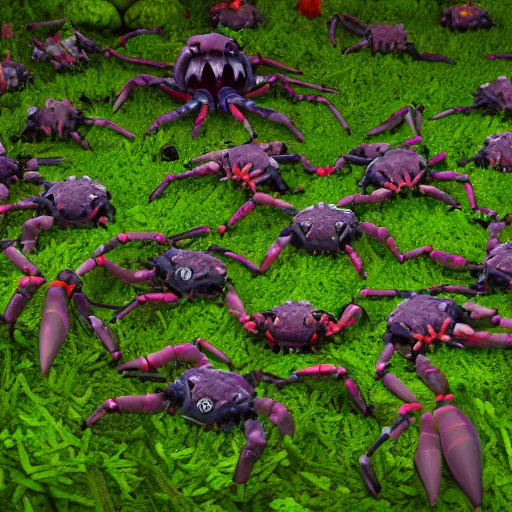 Prompt: voidless of the festival!, The Graveyard, large group of crabs and worms, crawling along a bed of moss, low poly, creeper world, handcrafted, artstation, hyperrealistic, hard light, best practices, creeptastic, photorealism, macro perspective, cuddly