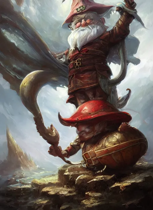 Prompt: a wondrous gnome wizard sitting atop a giant crab painted by raymond swanland