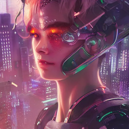 Prompt: portrait futuristic Cyber warrior Girl, in future cyberpunk tokyo rooftop , ssci-fi, fantasy, intricate, very very beautiful, elegant, neon light, highly detailed, digital painting, artstation, concept art, smooth, sharp focus, illustration, art by tian zi and WLOP and alphonse mucha