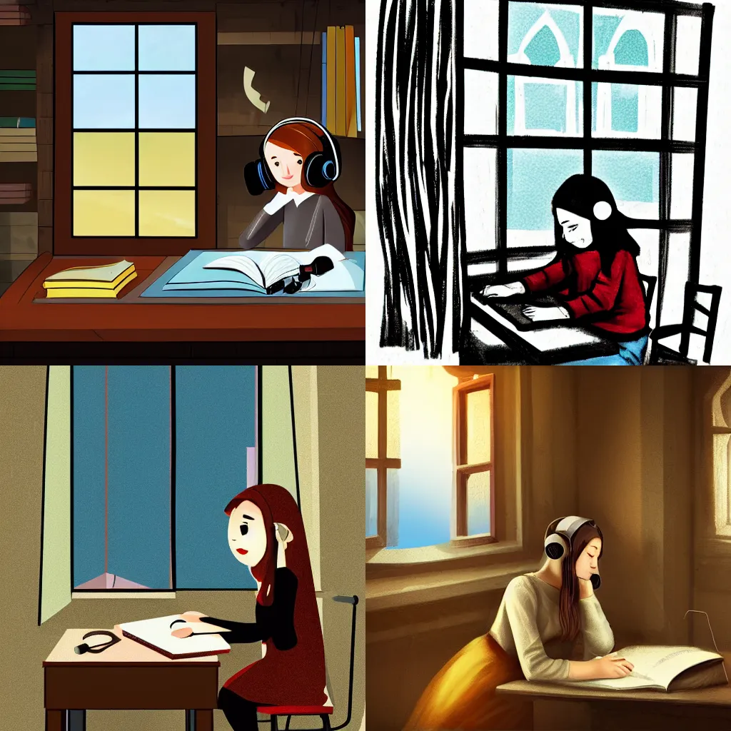 Prompt: young witch with headphones doing homework at a desk next to a window with a medieval city outside, digital art