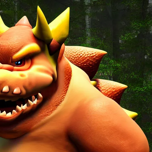 Image similar to realistic bowser, 8 k, hd, highly detailed