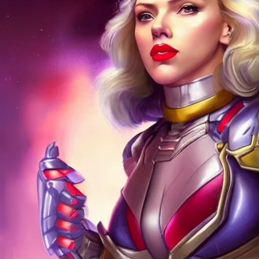 Prompt: scarlett johansson as thanos, feminine beautiful muscular fitness model wearing armor, red lips, strong jaw, pin up, attractive, highly detailed full body portrait, pretty face, elegant, breathtaking art, concept art, by artgerm and ilya kuvshinov