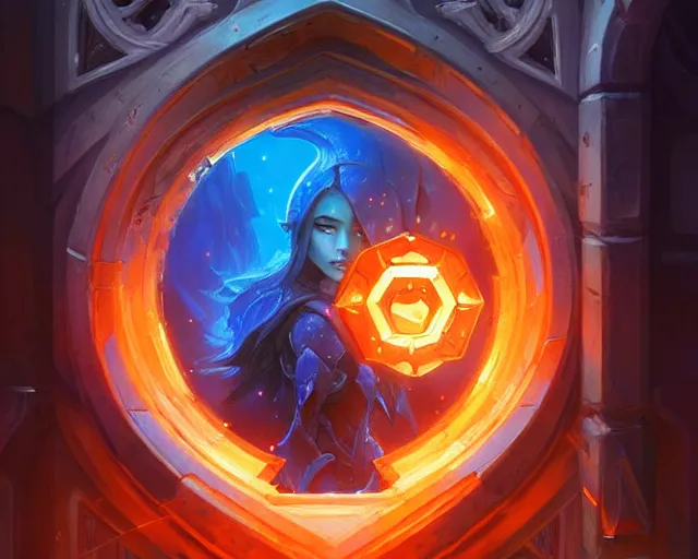 Prompt: blue and orange portal, deep focus, d & d, fantasy, intricate, elegant, highly detailed, digital painting, artstation, concept art, matte, sharp focus, illustration, hearthstone, art by artgerm and greg rutkowski and alphonse mucha