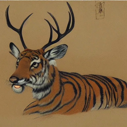 Image similar to a painting of deer and tiger facing each other, their heads bowed towards ground by koson ohara