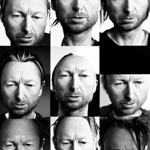 Prompt: overlapping sheets of random thom yorke, hyper realistic, many very random variations of thom yorke, various emotions, various poses, high quality photographs, mixed styles, intricate details, beautiful lighting